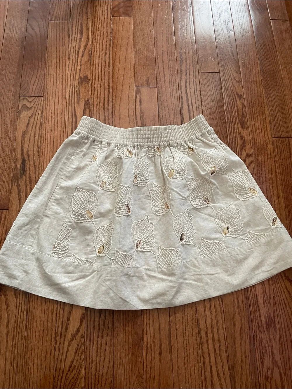 Ciebon Cream Linen Leaf Print Skirt Women’s Sz Small
